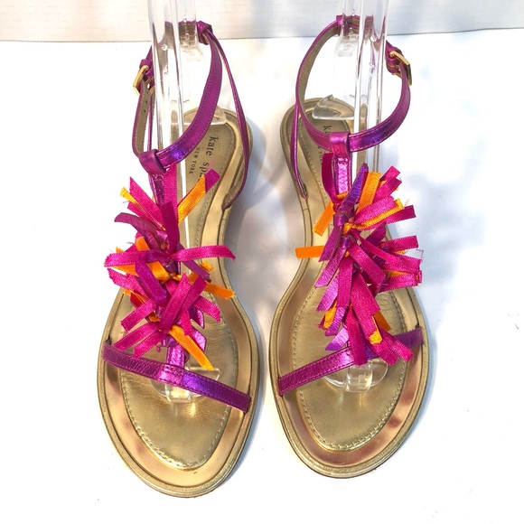 KATE SPADE Metallic Leather Pink & Orange Fringe Ankle Strap Flat Sandals - Picture 2 of 11
